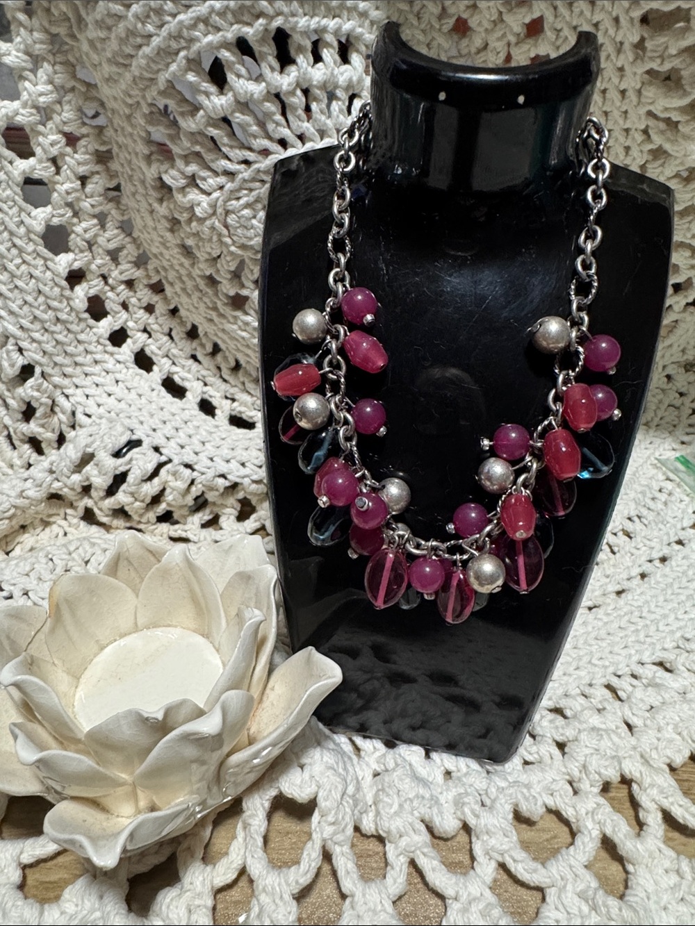 Beaded Cluster Statement Necklace - Pink